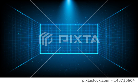 Abstract futuristic blue neon wireframe grid room background with spotlight glow Abstract futuristic blue neon wireframe grid room background with spotlight glow 143736604