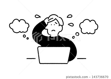 An illustration of a man having trouble using his laptop. 143736670
