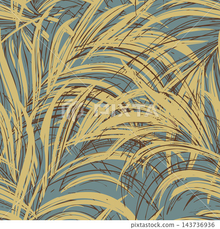 Decorative seamless pattern of overlapping hand drawn brush strokes that suggest tropical leaves and grasses, with muted blue background, gold accents and dark brown lines for modern surface design. 143736936