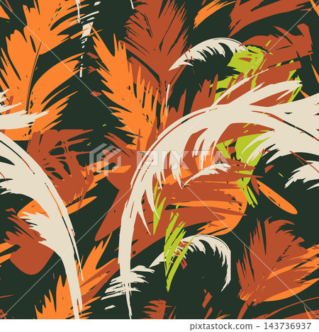 Seamless botanical background featuring stylized tropical leaves painted in expressive splashes and textured strokes, ideal for fabric, wrapping paper, and decorative surfaces for repeating use. 143736937
