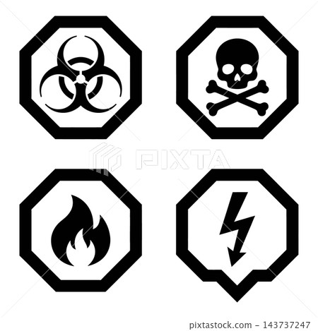 Black and White Hazard Warning Signs Set with Biohazard and Toxic Skull Flame and Lightning Black and White Hazard Warning Signs Set with Biohazard and Toxic Skull Flame and Lightning 143737247