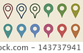 A set of map pin icons in muted colors. 143737941