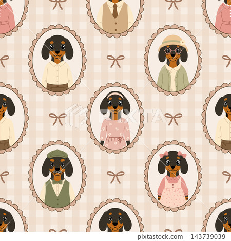 Seamless pattern with cartoon dachshund portraits in oval frames and bows on gingham background. Vector dog family wallpaper. Seamless pattern with cartoon dachshund portraits in oval frames and bows on gingham background. Vector dog family wallpaper. 143739039