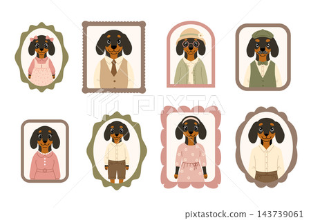 Cute dachshund family portraits in vintage frames set. Vector cartoon dog characters set isolated on white Cute dachshund family portraits in vintage frames set. Vector cartoon dog characters set isolated on white 143739061