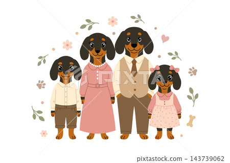 Cute dachshund dog family portrait with parents and kids. Vector cartoon animal family card isolated on white Cute dachshund dog family portrait with parents and kids. Vector cartoon animal family card isolated on white 143739062