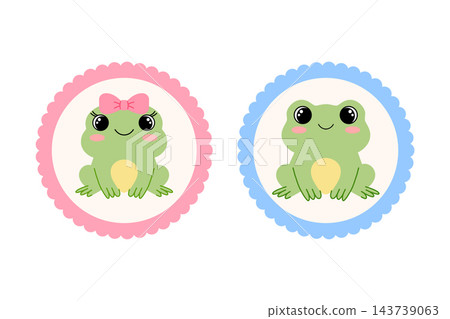Cute frog boy and girl in blue and pink scalloped frames. Vector cartoon froggy couple isolated on white background. 143739063