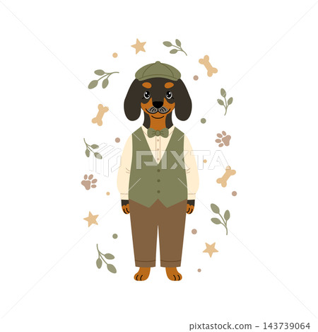 Cute grandpa dachshund in cap and vest with leaves. Vector cartoon elderly dog card isolated on white background. 143739064