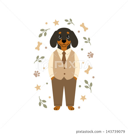 Cute father dachshund in vest and tie with leaves and stars. Vector cartoon dad dog card isolated on white background. Cute father dachshund in vest and tie with leaves and stars. Vector cartoon dad dog card isolated on white background. 143739079