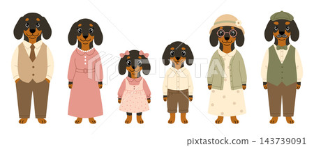 Cute dachshund dogs family pack set. Vector cartoon characters of parents, kids and grandparents isolated on white background. Cute dachshund dogs family pack set. Vector cartoon characters of parents, kids and grandparents isolated on white background. 143739091