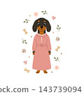Cute female dog in pink dress with flowers and bones. Vector cartoon lady dog card isolated on white background. 143739094