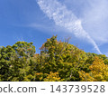 A clear autumn sky and the trees on the mountains beginning to change color. 143739528