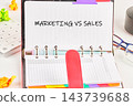 Marketing versus sales is written in an open planner on a desk with a calendar and office supplies during daytime 143739688
