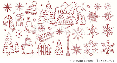 Winter Christmas Village and Snowflake Line Art Set Winter Christmas Village and Snowflake Line Art Set 143739894