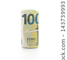 Pack of euro bills rolled with a rubber band isolated 143739993