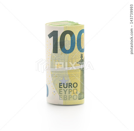 Pack of euro bills rolled with a rubber band isolated 143739993
