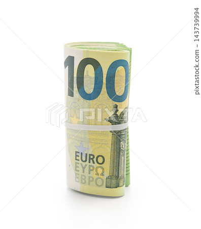 Pack of euro bills rolled with a rubber band isolated 143739994