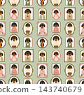 Seamless pattern with cartoon dachshund portraits in vintage frames on green. 143740679