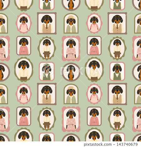 Seamless pattern with cartoon dachshund portraits in vintage frames on green. Seamless pattern with cartoon dachshund portraits in vintage frames on green. 143740679