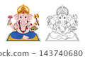 Lord Ganesha vector set in color and black outline. Indian elephant god isolated on white background for coloring page 143740680