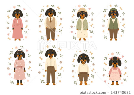 Cute dachshund family set with parents, grandparents, and kids cards. Vector cartoon dogs isolated on white background. Cute dachshund family set with parents, grandparents, and kids cards. Vector cartoon dogs isolated on white background. 143740681