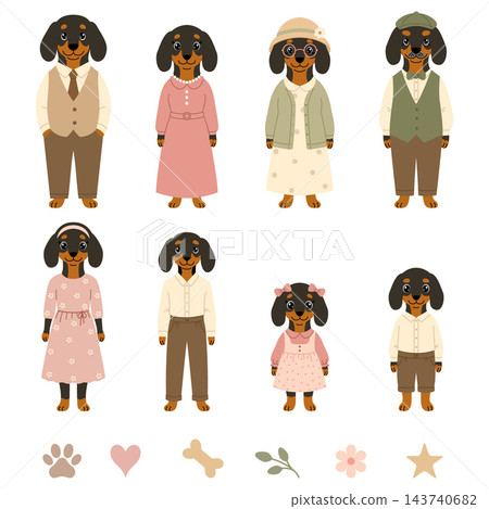 Cute dachshund family set for greeting cards and patterns 143740682