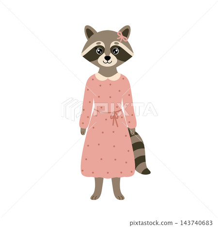 Cute teen girl raccoon character in pink polka dot dress. Vector cartoon kid animal isolated on white background Cute teen girl raccoon character in pink polka dot dress. Vector cartoon kid animal isolated on white background 143740683