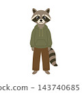 Teen boy raccoon character in hoodie and pants. Vector cartoon kid animal standing isolated on white background 143740685