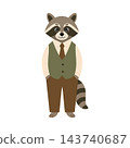 Cute father raccoon character in vest and tie. Vector cartoon dad animal standing isolated on white background. 143740687