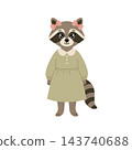 Cute girl raccoon character in beige dress with pink bows. Vector cartoon kid animal isolated on white background. 143740688