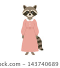 Mother raccoon character in pink dress. Vector cartoon mom animal standing isolated on white background. 143740689