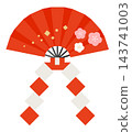 A gorgeous red and white New Year's decoration featuring plum blossoms and fans. 143741003