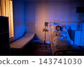Hospital room wide view empty patient distant in frame, evening light through blinds casts shadow across bed and guest chair, mood of isolation and quiet healing 143741030