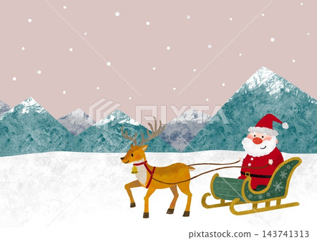 一幅聖誕插畫,描繪了白雪皚皚的山景、聖誕老人和馴鹿。 一幅聖誕插畫,描繪了白雪皚皚的山景、聖誕老人和馴鹿。 143741313