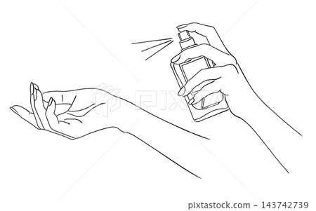 一幅簡單的手繪線條藝術插圖,描繪了一位女士在手腕上噴灑香水(香水、美容、化妝品、噴霧)。 一幅簡單的手繪線條藝術插圖,描繪了一位女士在手腕上噴灑香水(香水、美容、化妝品、噴霧)。 143742739