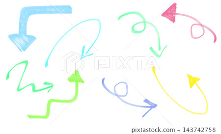 A set of colorful, hand-drawn arrows drawn with marker pens. A set of colorful, hand-drawn arrows drawn with marker pens. 143742758