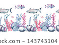 Sea seamless border with a coral, algae, stones, fish. Underwater world. Hand drawn watercolor illustration 143743104