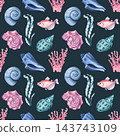 Marine seamless pattern with algae, shells, fish. Watercolor illustration 143743109