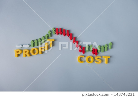 Profit and cost management concept with fluctuating business performance arrows Profit and cost management concept with fluctuating business performance arrows 143743221