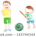 Watercolor illustration of a parent and child playing watermelon smashing. 143744344