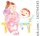 A watercolor illustration of a mother in a yukata sitting on a bench with her child eating ice cream. 143744345