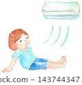 A watercolor illustration of a woman relaxing in an air-conditioned room. 143744347
