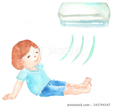 A watercolor illustration of a woman relaxing in an air-conditioned room. 143744347