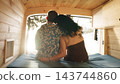 Mature couple embracing enjoying nature from camper van 143744860