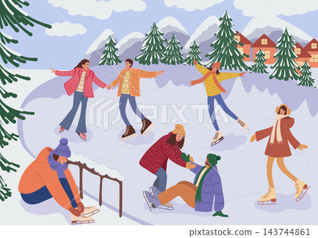 Happy friends skating on a frozen lake. Woman tying skates, helping fallen friend. Snowy mountains and Christmas houses. Perfect for winter banners and cards. Happy friends skating on a frozen lake. Woman tying skates, helping fallen friend. Snowy mountains and Christmas houses. Perfect for winter banners and cards. 143744861