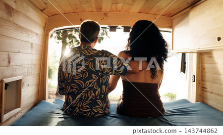 Mature couple enjoying camper van retirement road trip Mature couple enjoying camper van retirement road trip 143744862