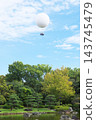 A Japanese garden with a hot air balloon floating in the sky 143745479