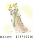 Illustration of a woman in a classic dress carrying a cake. 143745510