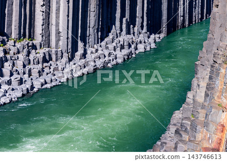 Turquoise Jokla River Between Basalt Columns in Studlagil Canyon, Iceland Turquoise Jokla River Between Basalt Columns in Studlagil Canyon, Iceland 143746613