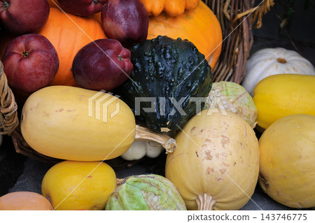 Autumn Harvest Still Life with Pumpkins, Apples and Squash. Rural market stand with fresh vegetables and fruits. Healthy food background. Pumpkin, apples, cabbage and squash in basket. October harvest Autumn Harvest Still Life with Pumpkins, Apples and Squash. Rural market stand with fresh vegetables and fruits. Healthy food background. Pumpkin, apples, cabbage and squash in basket. October harvest 143746775