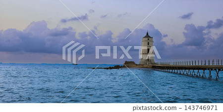 Alexandria Egypt Lighthouse and Mediterranean Sea at Sunset, Peaceful Seascape with Historic Pier, Magical Clouds, Amazing Sky, Solitude, Calm 143746971
